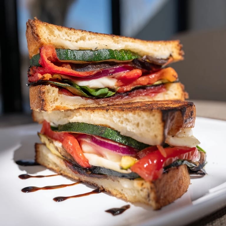 A delicious close-up of a Sheet-Pan Roasted Veggie Caprese Grilled Cheese featuring bubbling cheese and crusty bread.