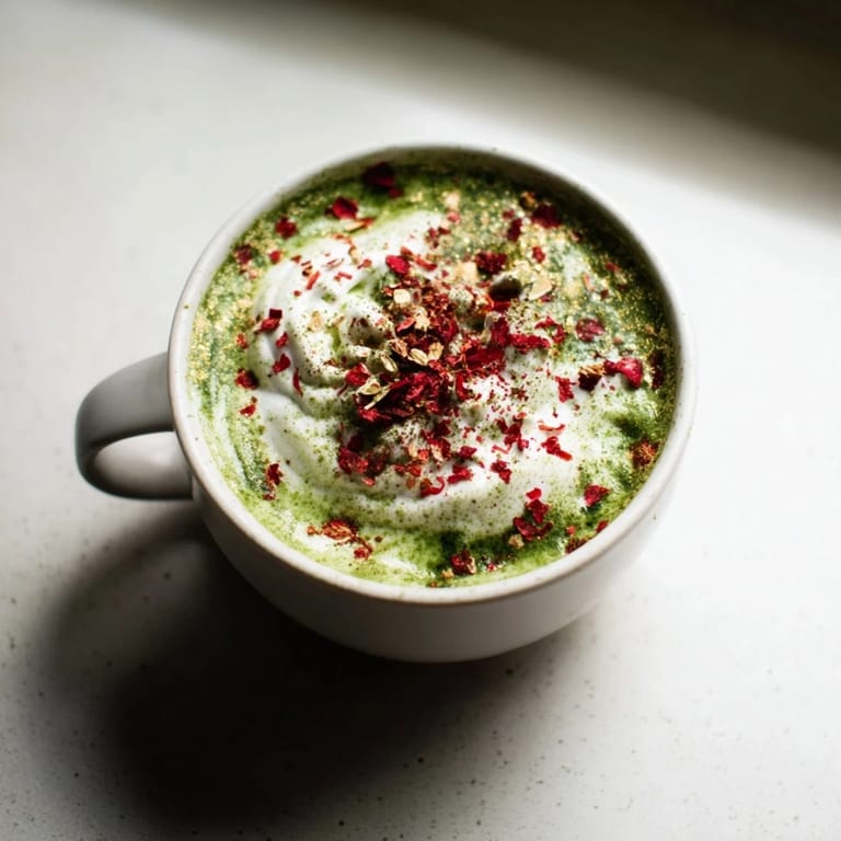 A close-up view of a velvety Cozy Peppermint Matcha Christmas Latte, ready for a comforting treat.