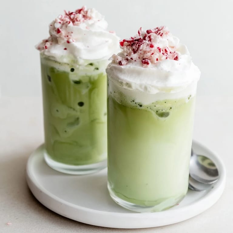 Cool, minty Sugar-Free White Chocolate Candy Cane Iced Matcha, beautifully topped with sugared candy cane pieces.