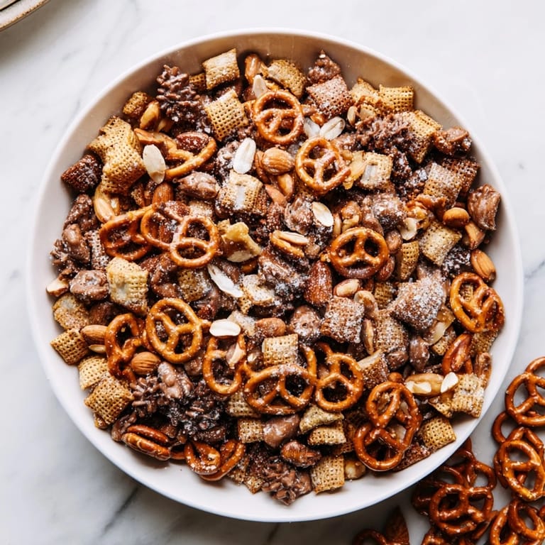 Sweet and salty Festive Pine Cone Snack Mix drizzled with decadent, warm butter sauce.