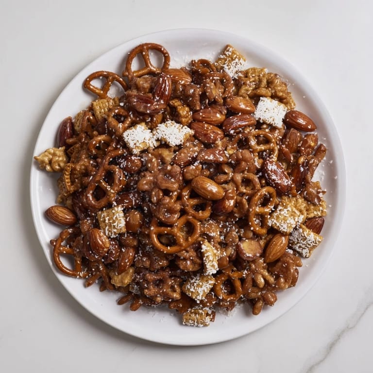 Close-up of Festive Pine Cone Snack Mix, a tempting blend of pretzels, nuts, and chocolate.