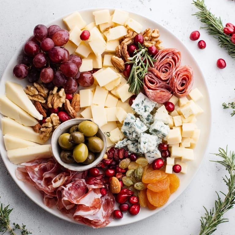 A delicious Holiday Wreath Cheese Platter arrangement, featuring Brie, cheddar, and grapes, ready to serve with crackers.