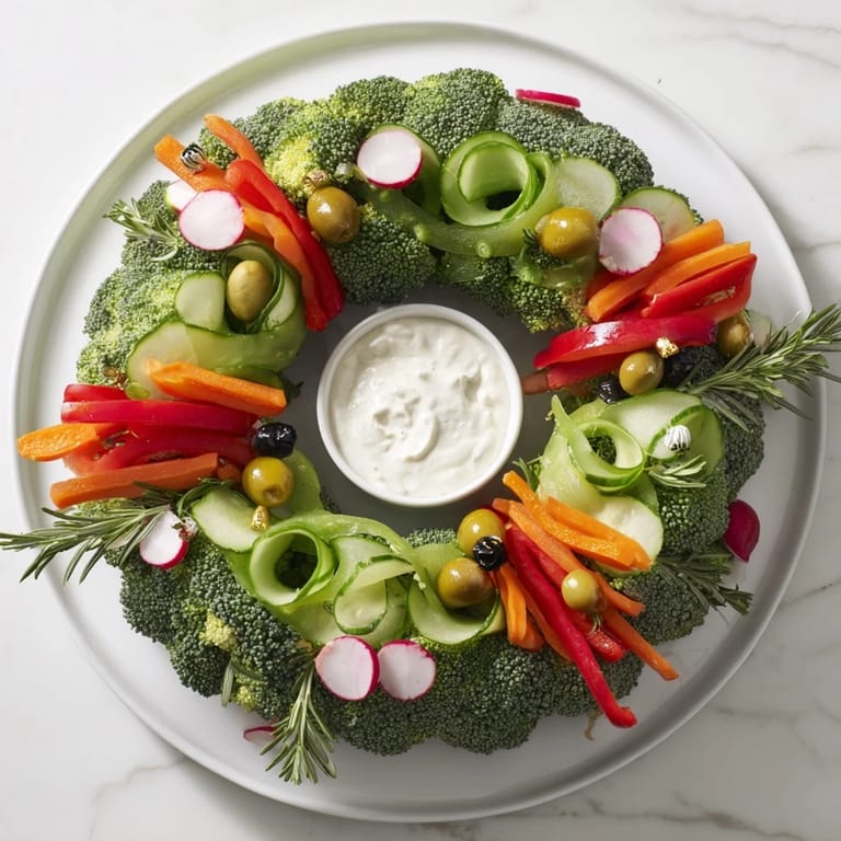 This impressive wreath veggie dip platter features crisp carrots, tomatoes, and a flavorful ranch dip centerpiece.