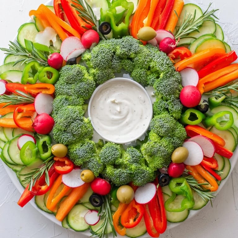 Picture the wreath veggie dip platter: a festive appetizer, overflowing with fresh vegetables and creamy dip.