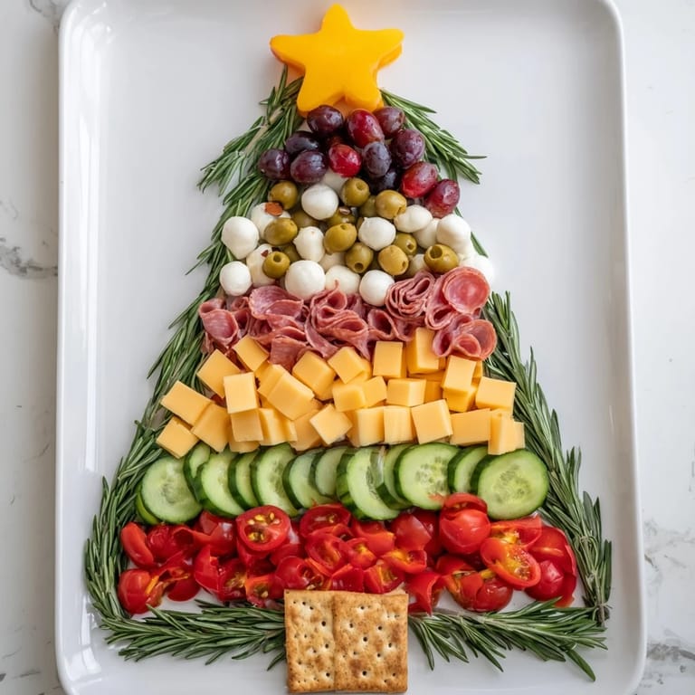 A mouthwatering Christmas tree snack board, offering cheese, fruit, and crackers for easy holiday entertaining and sharing.