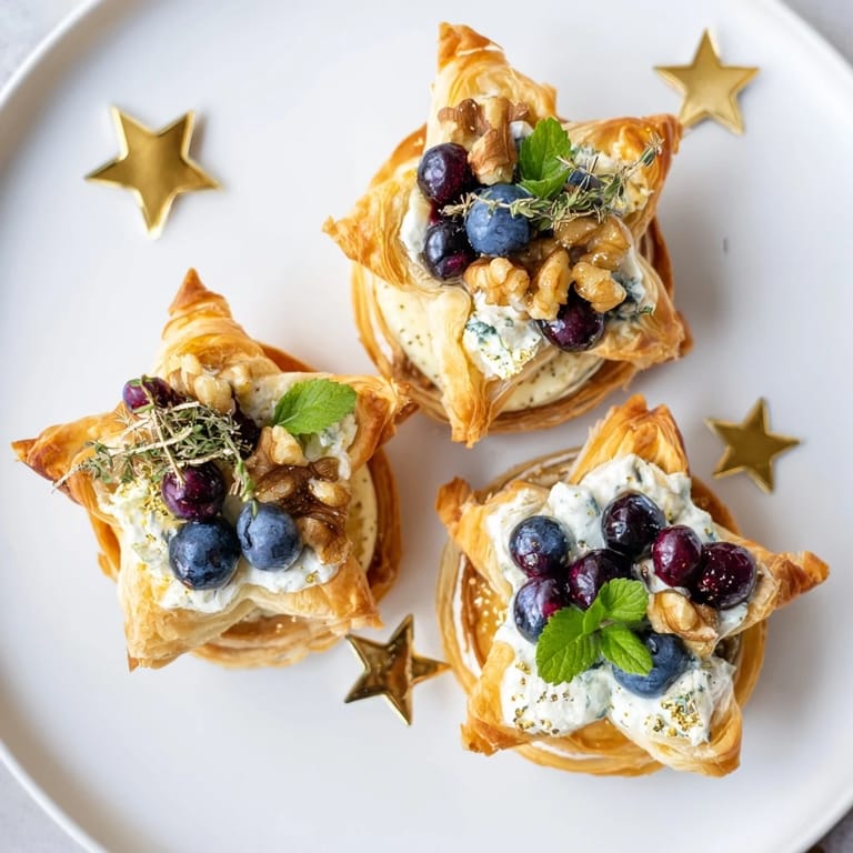The dazzling Starry Night New Years Appetizers display offers festive treats, including savory bites and golden pastry.