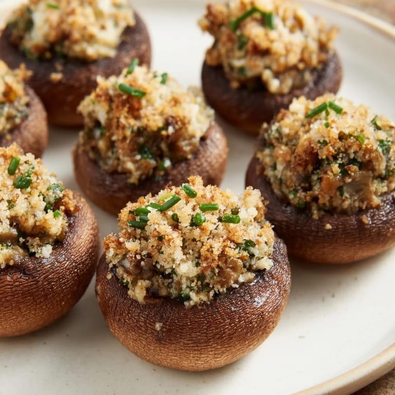 Close-up of perfectly stuffed Enchanted Forest Mushroom Nibbles, glistening with herbs and ready to be enjoyed.