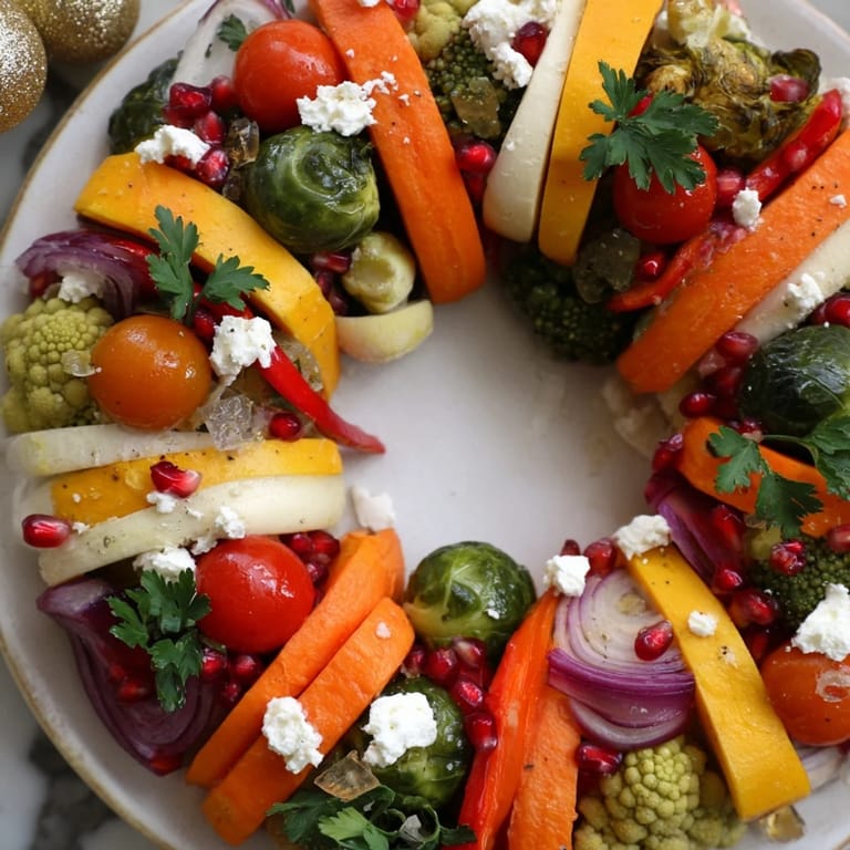 Warm, inviting image: Roasted Vegetable Christmas Wreath, brimming with seasonal goodness and fresh herbs.