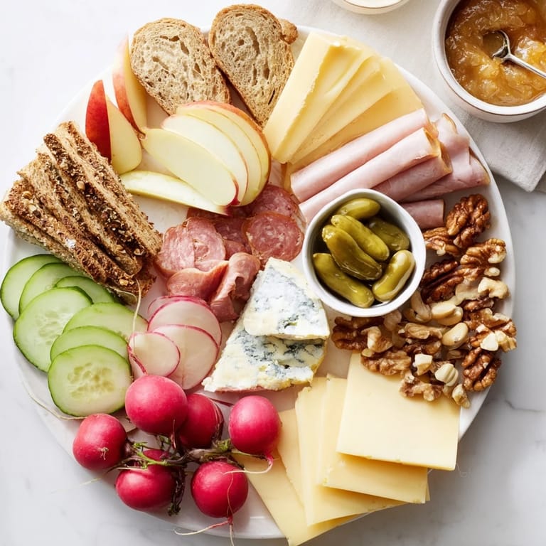 This Cheval Heureux Snack Board recipe features creamy cheeses, savory charcuterie, and colorful fresh produce.