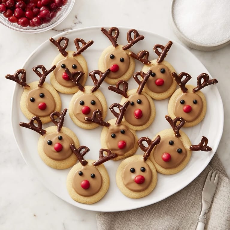 Delectable Santa's Reindeer Cookie Platter with pretzels as antlers and shiny red noses, a delightful dessert.