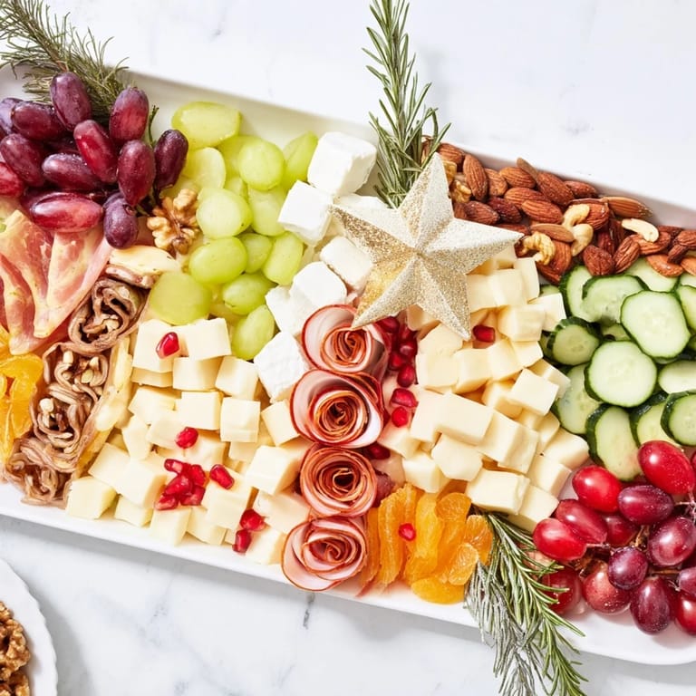 This colorful Festive Holiday Tree Appetizer Platter features a mouthwatering array of cheeses and delightful garnishes.