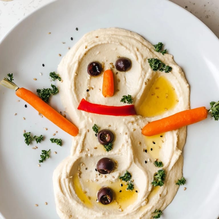 Festive melted snowman hummus platter, a delicious party appetizer starring red pepper scarf accents.