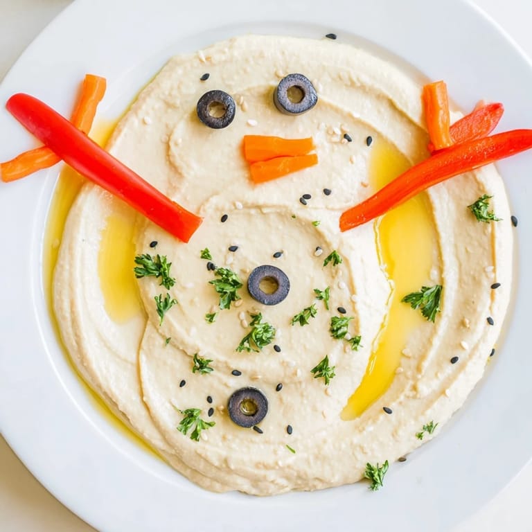 Close-up of a vibrant, appealing melted snowman hummus platter with fresh veggie dippers alongside.