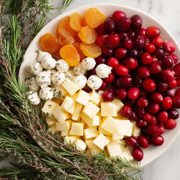 A stunning Cranberry Joy Tree Board is arranged with cheese, fruit, and nuts for a holiday appetizer.