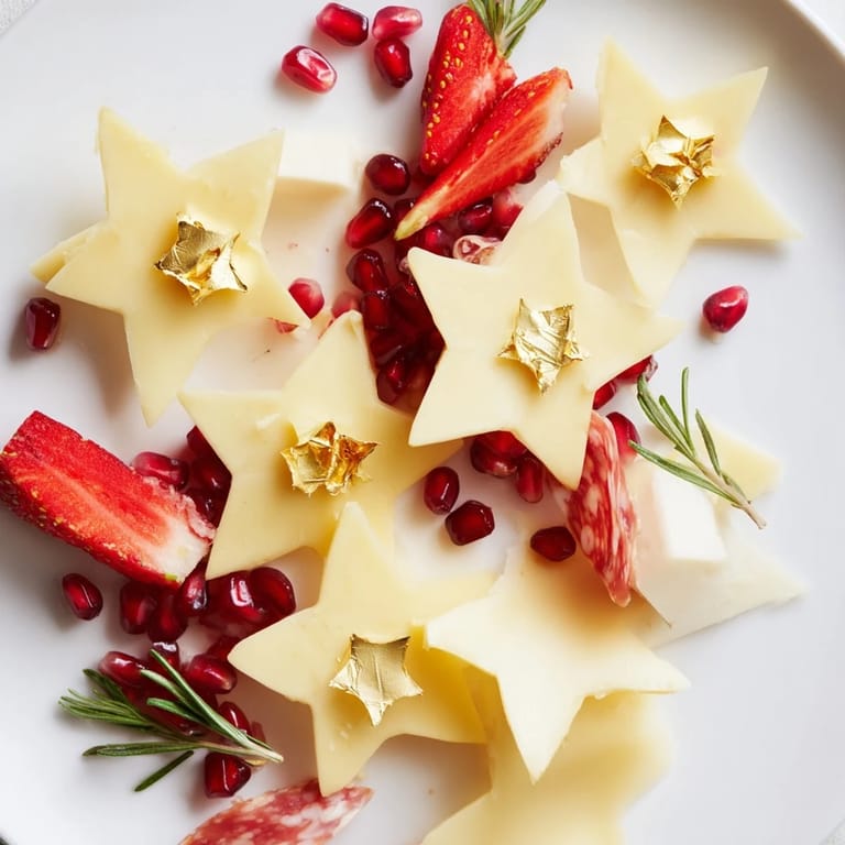 Festive New Year 2026 Star Board, overflowing with colorful cheese stars, fresh herbs, and yummy dips.