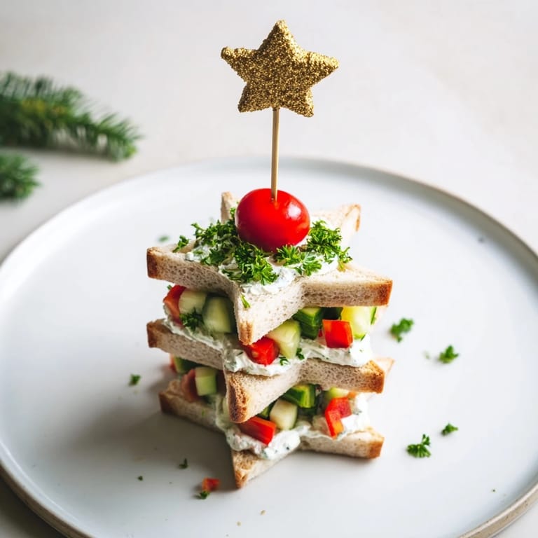 Vibrant Stacked Star Christmas Tree Sandwiches, layered bread stars with red tomato 'toppers' and fresh herbs.