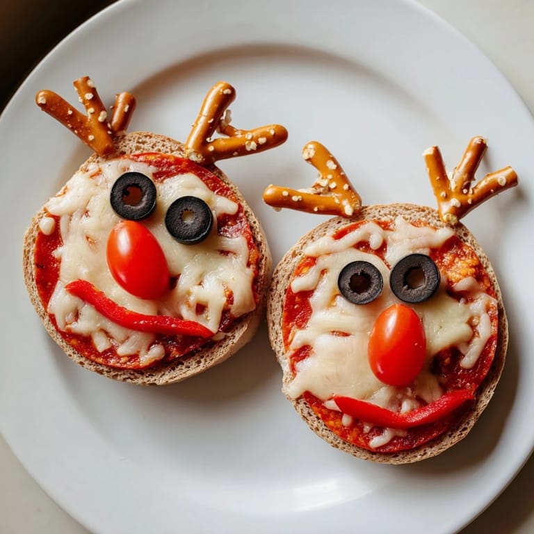 Adorable Reindeer Face Pizza Bagels feature melted cheese and cute olive eyes, ready to eat.