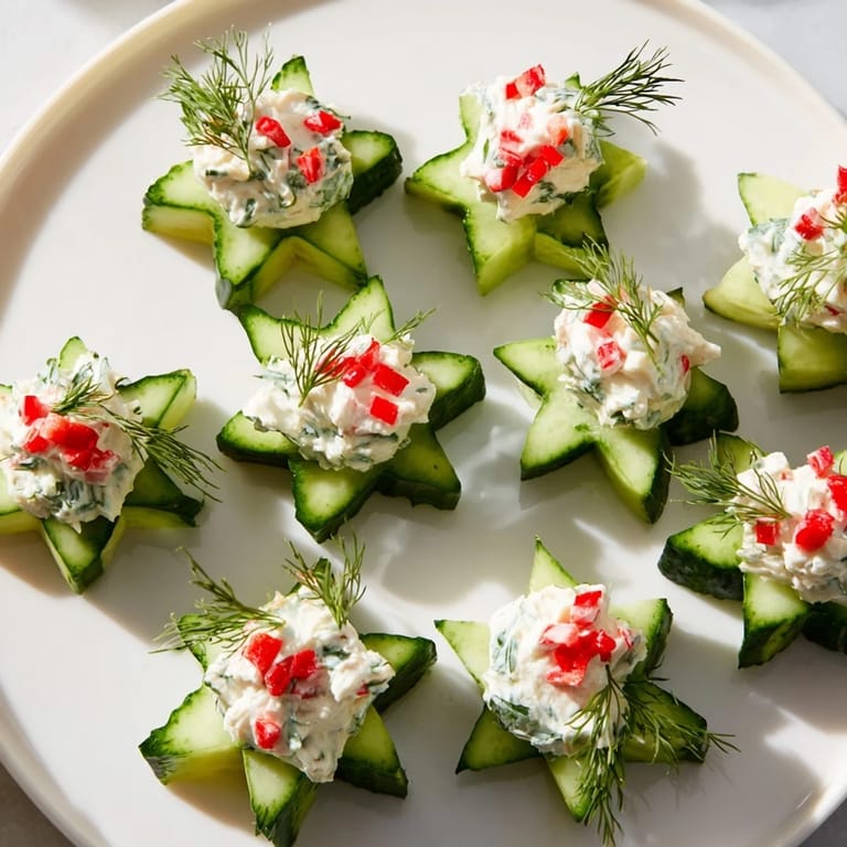 Creamy cream cheese piped onto sparkling cucumber and dill Christmas stars, perfect for holiday entertaining.
