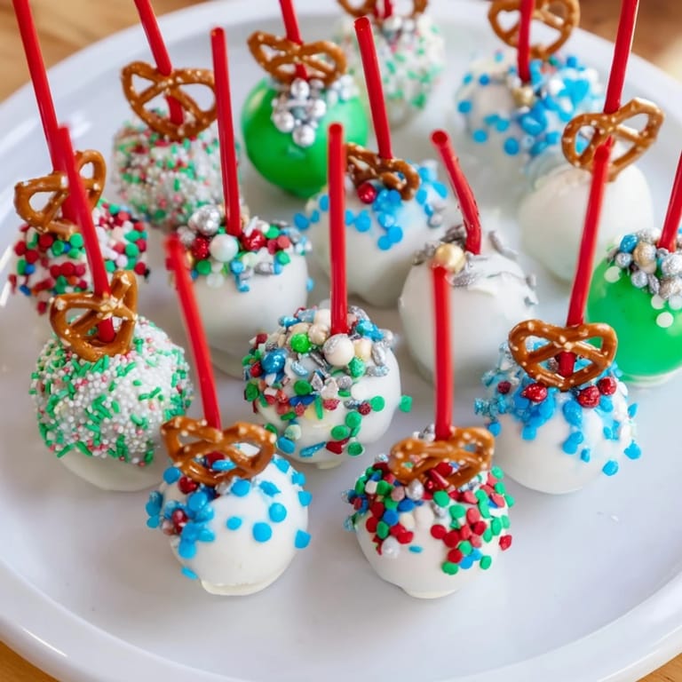Shiny white chocolate-covered Ornament Ball Cake Pops dusted with edible glitter, ready to be enjoyed.