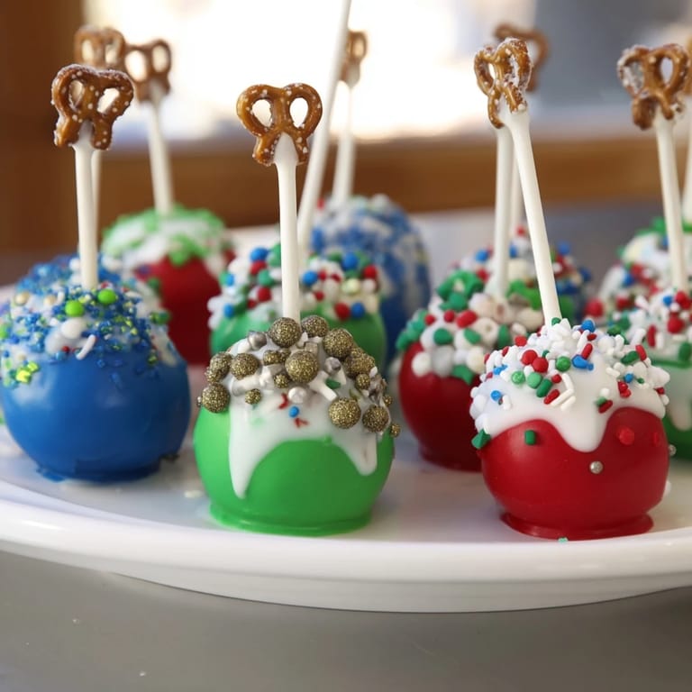 Imagine these delicious Ornament Ball Cake Pops, a cheerful, holiday-themed treat with pretzel 'hooks.'