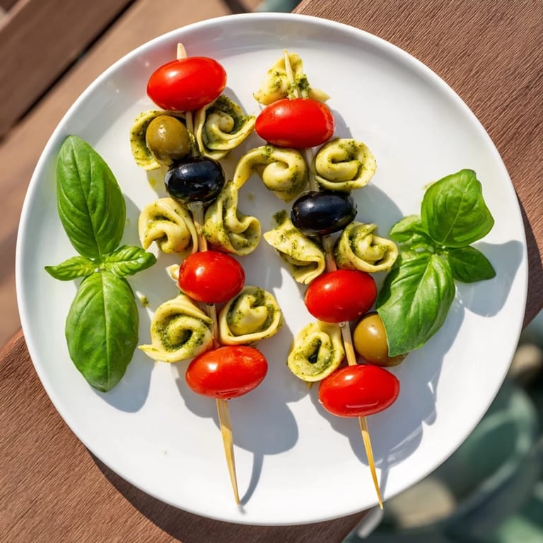Italian Appetizer Skewers, a close-up of tender tortellini, basil, and olives, glistening with pesto, ready to eat!