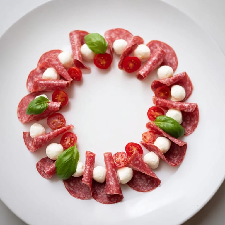 Close-up of a delicious folded salami wreath, a quick appetizer ready with fresh, colorful garnishes.