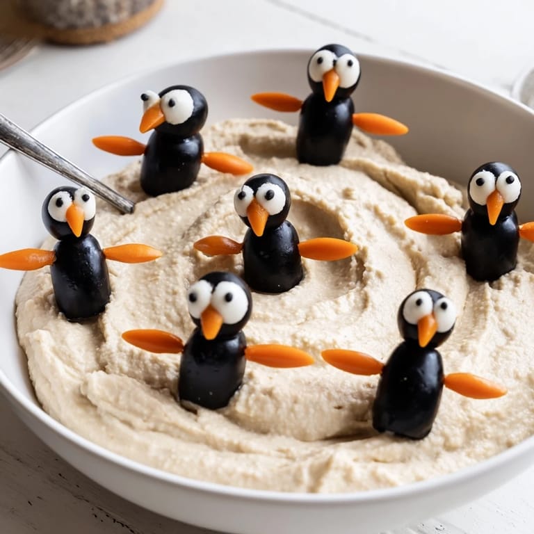 Mediterranean Winter Dip, a flavorful appetizer, featuring a creamy white bean base and penguin decorations.