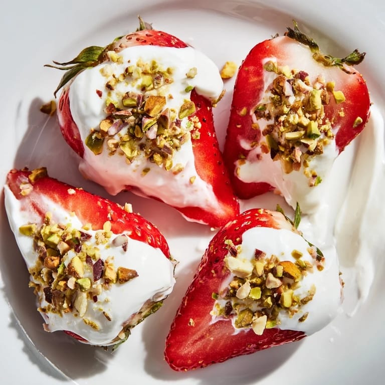 Frozen yogurt dipped strawberry halves arranged on a baking sheet, ready for a cool, healthy snack.