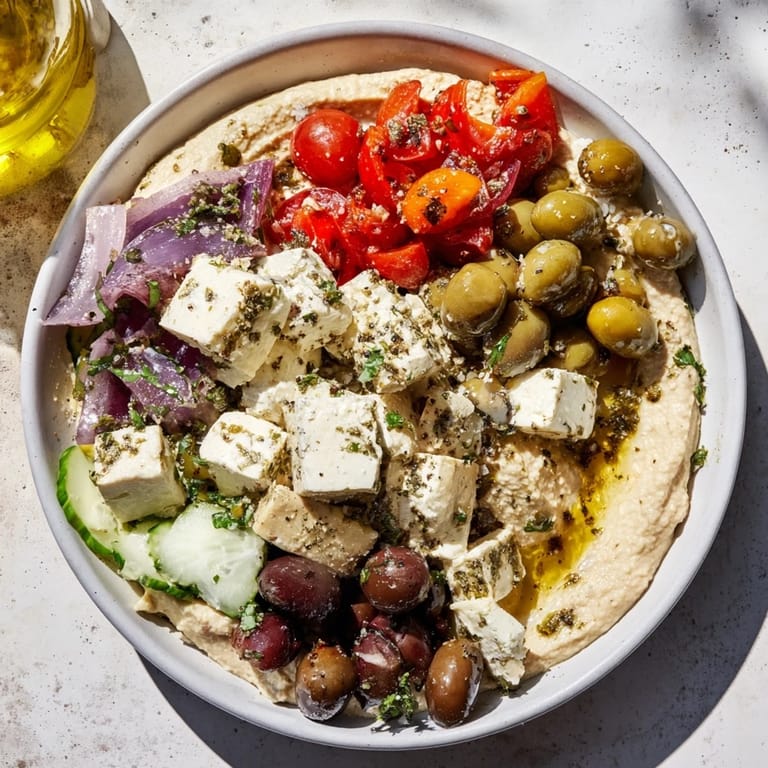 Beautifully arranged Mediterranean Mezza Platter with colorful dips, olives, and pita bread, perfect for sharing.
