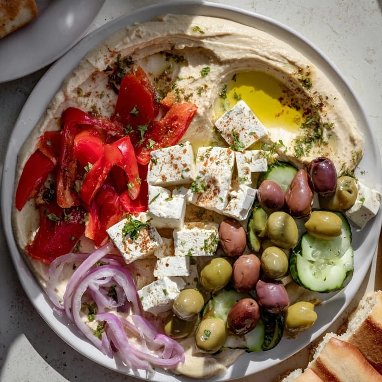 A close-up view of the delicious Mediterranean Mezza Platter featuring an assortment of flavorful appetizers.