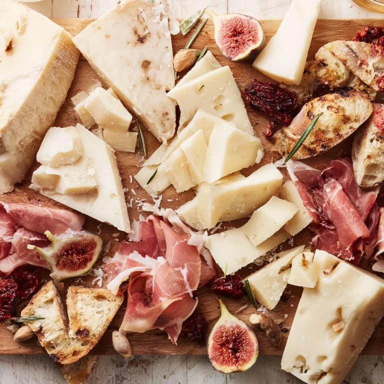 Visualize the Rustic Italian Farmhouse Board: a wooden platter overflowing with savory antipasto ingredients, ready to eat.