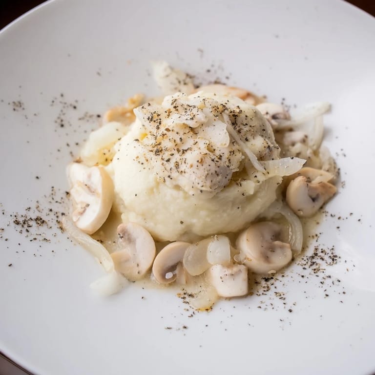 Imagine the striking contrast of The Ghostly Gala: white chicken, purée, and dark pepper shadows.