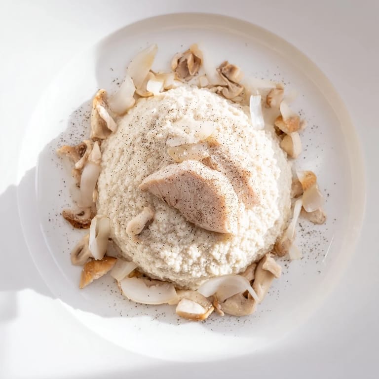 Perfectly plated The Ghostly Gala, offering tender chicken and mushrooms atop a silky cauliflower base.