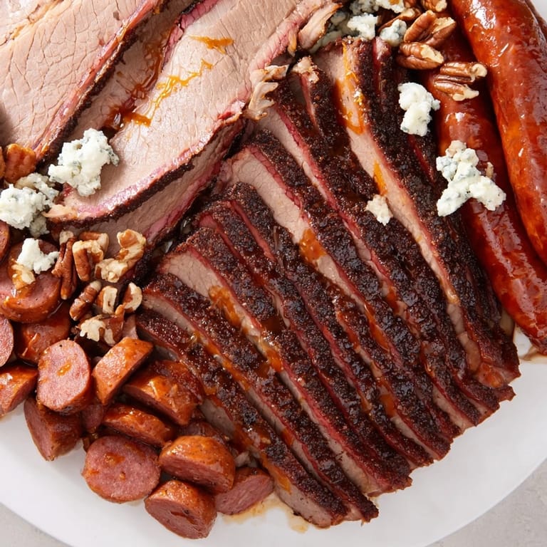 This Smoky BBQ & Bourbon Companion features colorful charcuterie arranged with dark chocolate and bourbon-soaked meats.