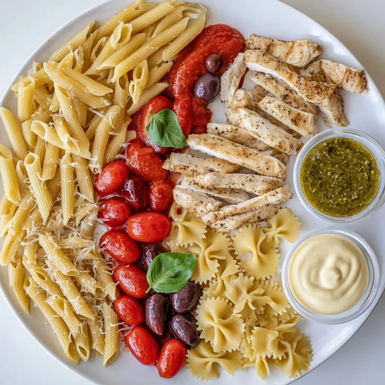 Enjoy a Girl Dinner Pasta Board, where perfectly cooked pasta is mixed with pesto, marinara, and Alfredo.