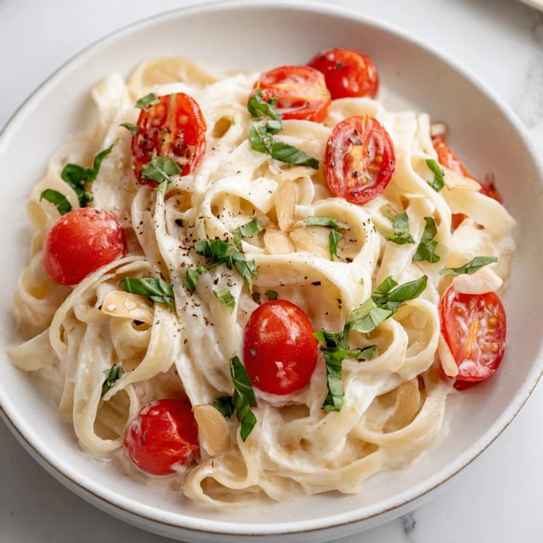 Silky fettuccine coated in a vibrant Baked Brie Pasta Sauce, garnished with fresh basil and pepper.