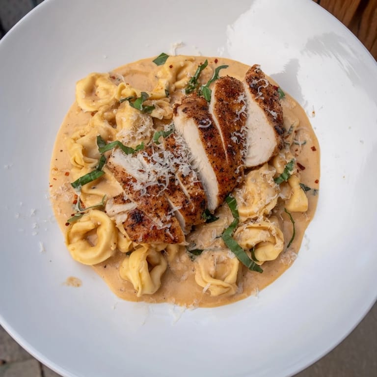 A close-up of Marry Me Chicken Tortellini, overflowing from a bowl, showcasing its rich, creamy texture.