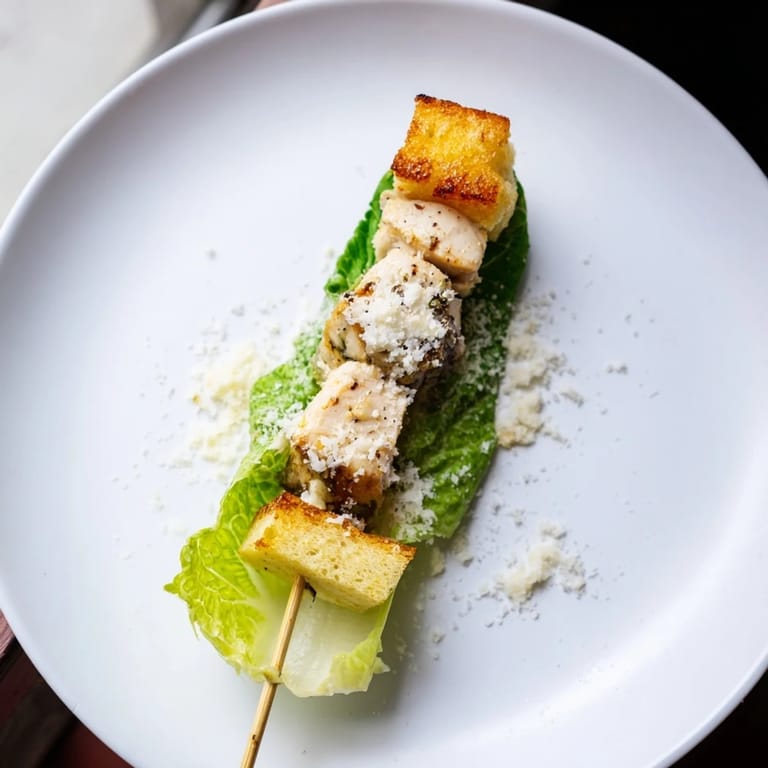 Delicious Chicken Caesar Salad Skewers feature perfectly grilled chicken and crunchy croutons, ideal for parties.