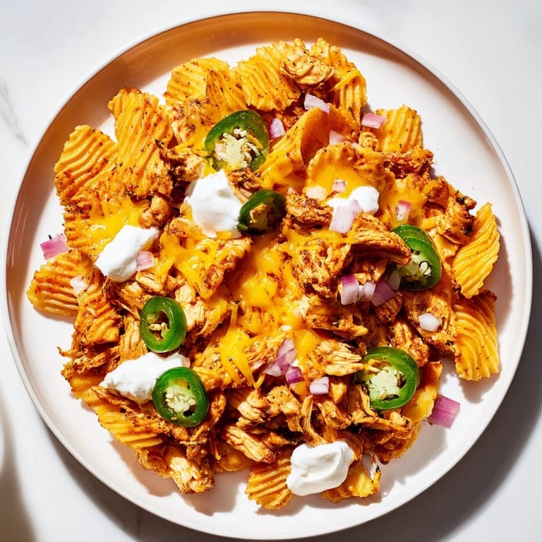 Cheesy Pasta Chip Nachos, a delicious Tex-Mex appetizer with crispy air-fried pasta chips.