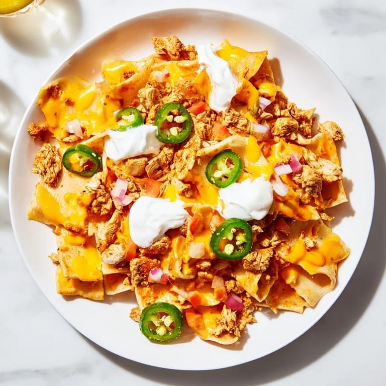 A close-up view of golden Pasta Chip Nachos topped with jalapeños and fresh cilantro.