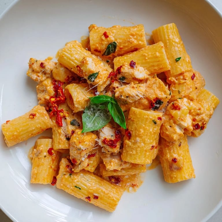 Golden-brown chicken chunks tossed in the rich Spicy Vodka Chicken Pasta sauce, offering savory aroma.