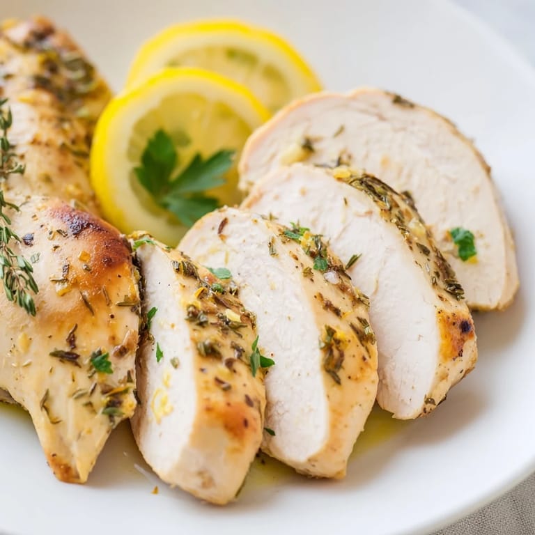 Juicy Greek Lemon Herb Chicken, served with fresh lemon wedges, offering a burst of Mediterranean zest.