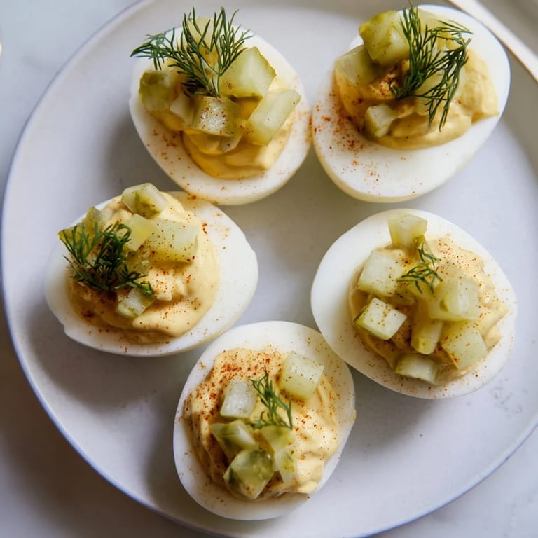 Freshly garnished dill pickle deviled eggs offer a visually appealing and delicious party snack.