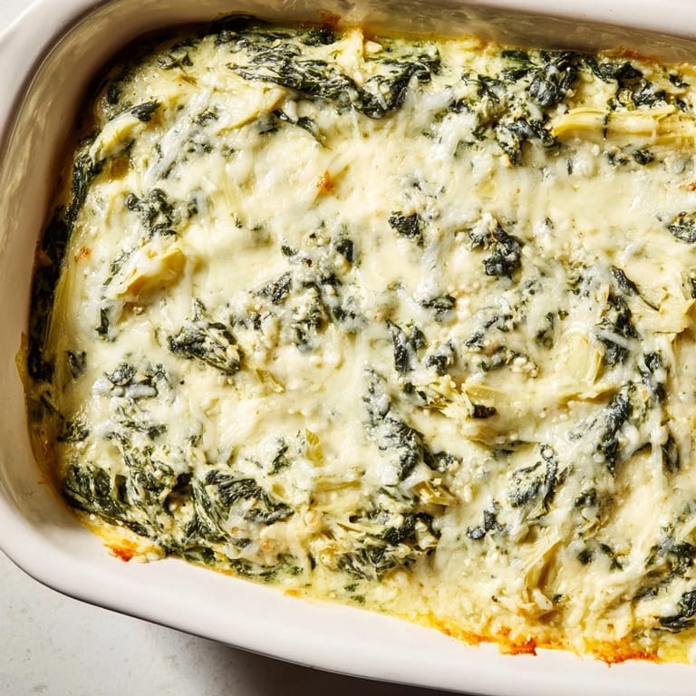 A creamy skillet of Cheesy Spinach Artichoke Dip, full of melted cheese and artichoke hearts.