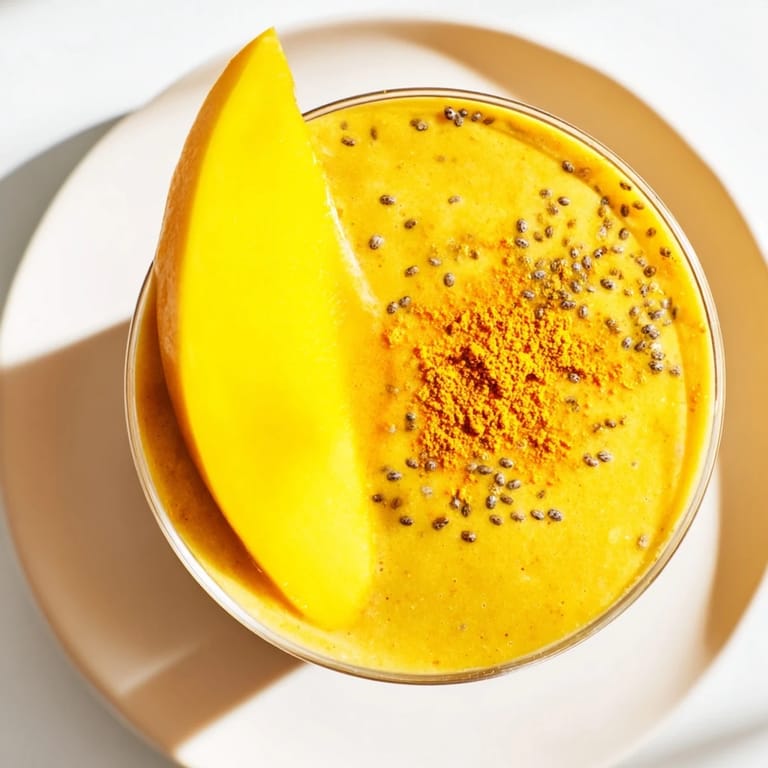 Vibrant image shows a chilled Mango Turmeric Smoothie ready to be enjoyed as a healthy morning beverage.