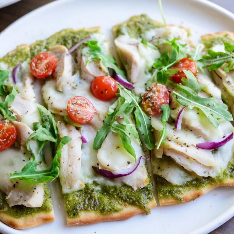 This Pesto Chicken Flatbread features vibrant green pesto layered with chicken and fresh basil.