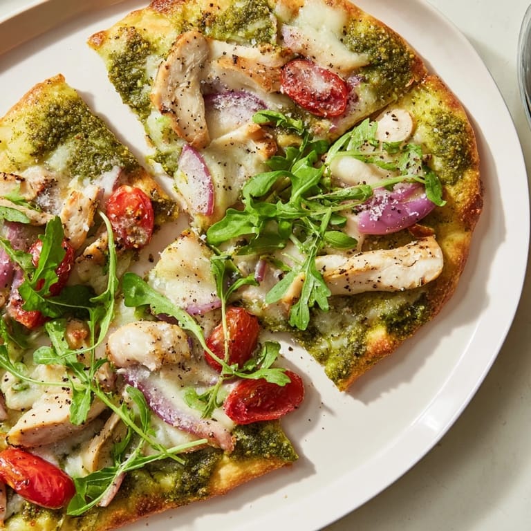 Enjoy a slice of Pesto Chicken Flatbread: a quick Italian meal with bubbly cheese and tender chicken.