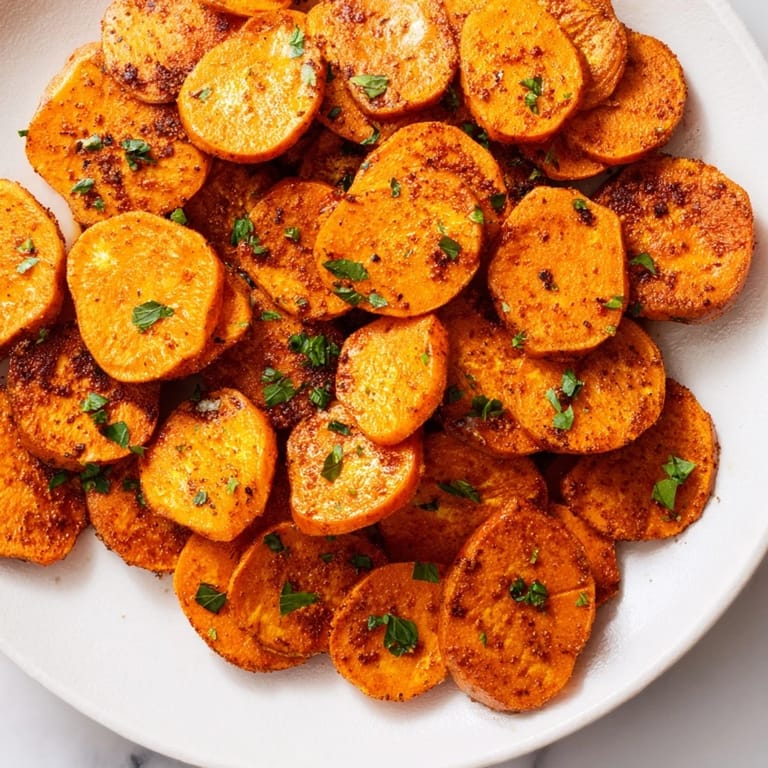 Oven-baked Cajun Roasted Sweet Potatoes, garnished with parsley, a flavorful and easy side dish.