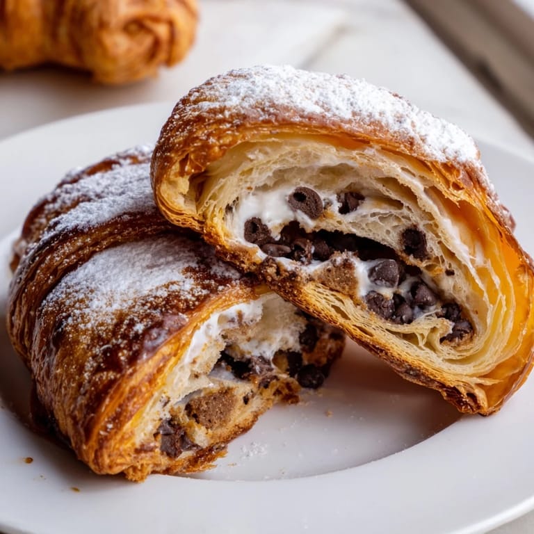 Warm, buttery Cookie Croissant ready to eat, with melted chocolate and a dusting of powdered sugar.