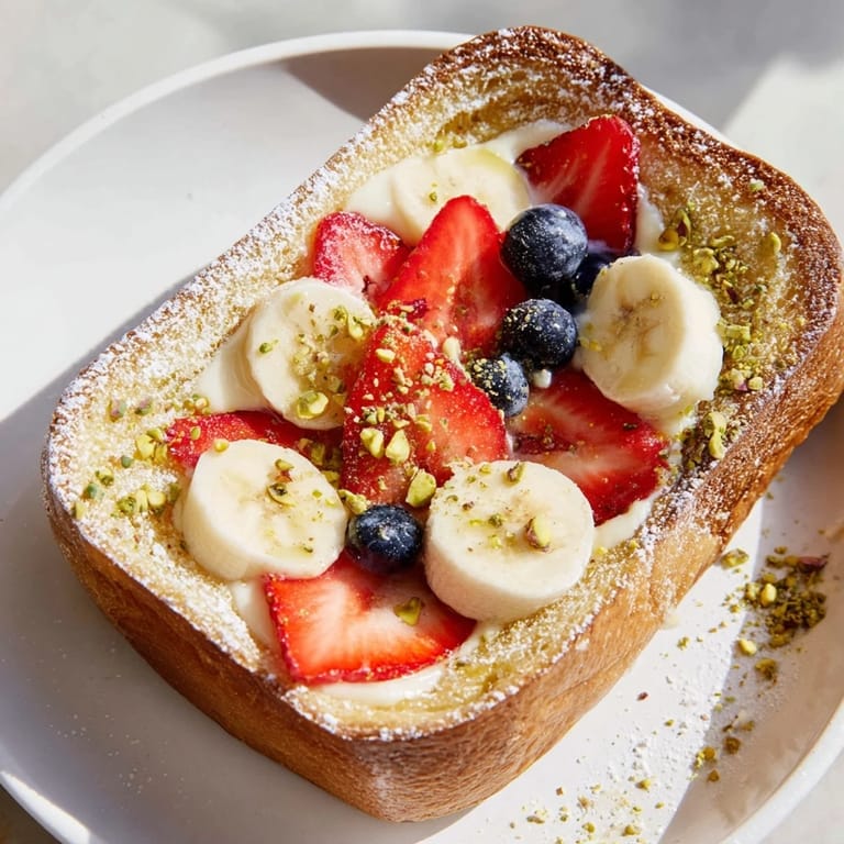 Creamy yogurt custard fills the well-baked Viral Yogurt Toast, garnished with ripe berries and sliced banana.